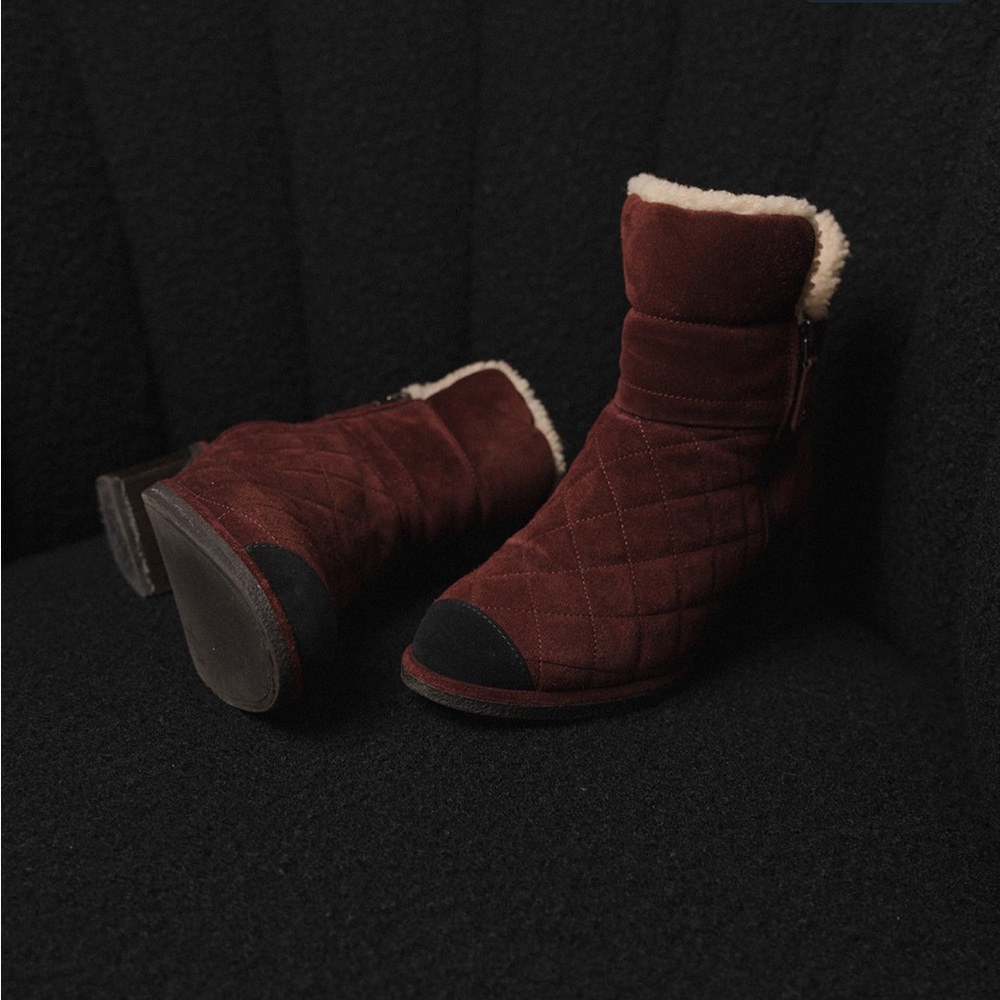 Chanel Burgundy Suede Quilted Short Zip Boots Sz 37